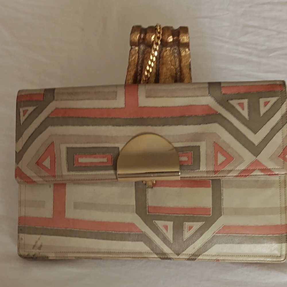 VintageGeometric Patterned Tan and Gold Women's Bag In Great Condition! - Picture 2 of 7